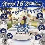 Yontree 16th Birthday Decorations Navy Blue Silver 9ft Banner Sash Cake Topper view 2
