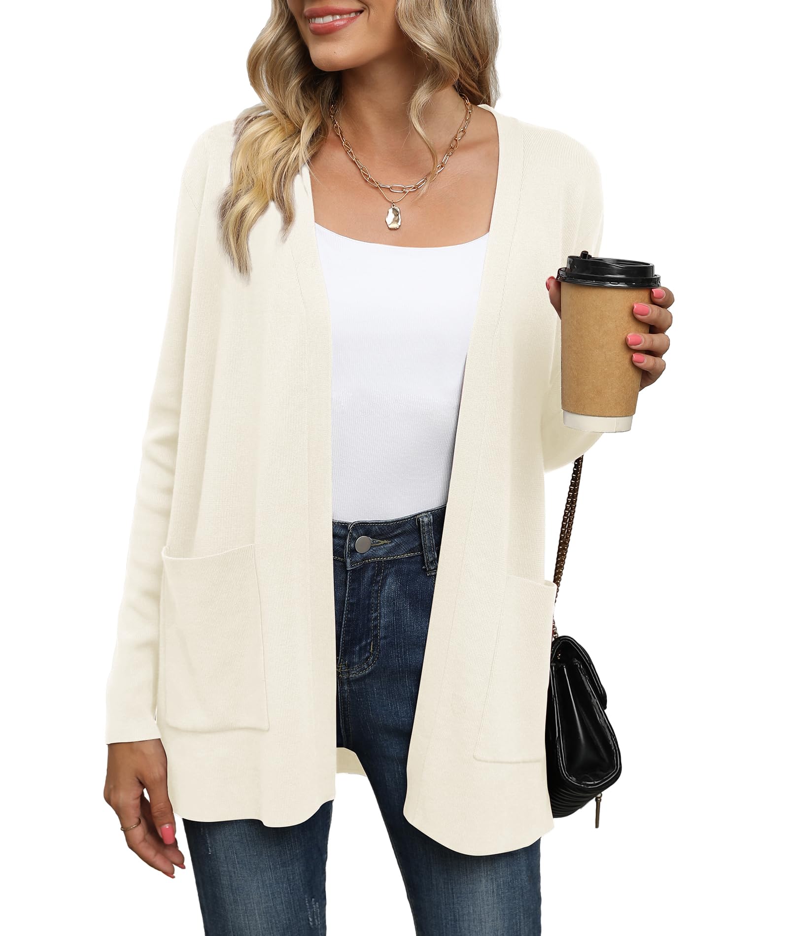 LILBETTER Womens Casual Lightweight Long Sleeve Open Front Cardigan Sweaters with Pockets(Beige XX-Large) Image LILBETTER Womens Casual Lightweight Long Sleeve Open Front Cardigan Sweaters with Pockets(Beige XX-Large) Image