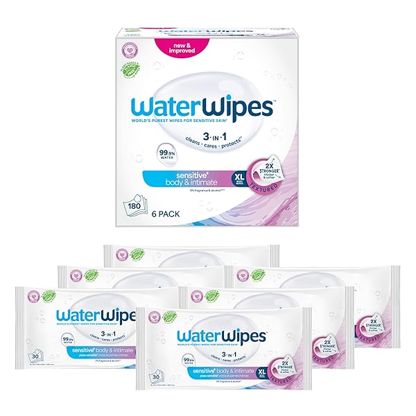 WATERWIPES SENSITIVE+ BODY & INTIMATE WIPES, 3-IN-1 CLEANS, CARES, PROTECTS, 99.9% WATER, UNSCENTED & HYPOALLERGENIC HYGIENE WET WIPES, ADULT CARE,180 WIPES (6 PACKS)