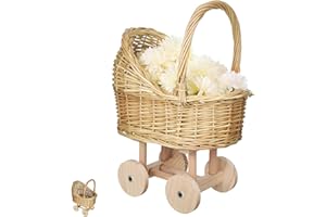 VICASKY Vintage Wicker Baby Carriage for Shower Decor Woven Rattan Stroller Flower Girl Basket with Handle