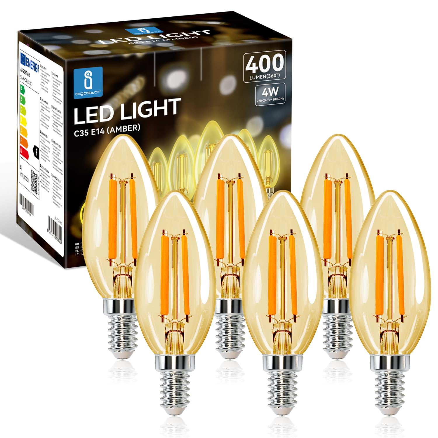 Aigostar E14 LED Light Bulb, LED Candle Bulbs Small Screw, 4W 400lm SES E14 Candle Bulb, 35W Equivalent SES Bulb Vintage, Warm White 2200K C35 330°Beam Angle, Amber Filamen Pack of 6