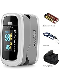 AccuMed CMS-50D1 Finger Pulse Oximeter Blood Oxygen Sensor SpO2 for Sports and Aviation. Portable and Lightweight with LED Display, 2 AAA Batteries, Lanyard and Travel Case (White)