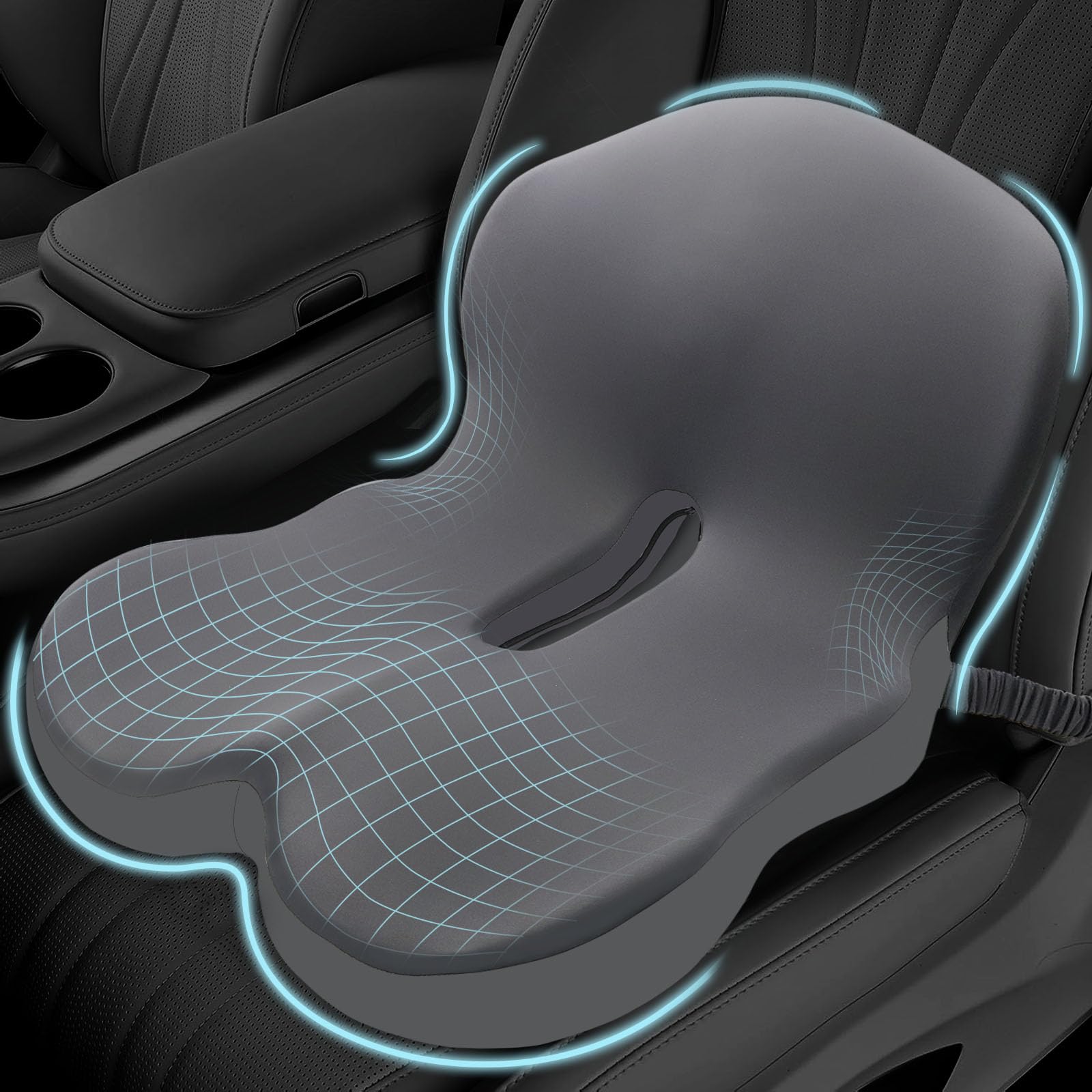 Photo 1 of Memory Foam Seat Cushion for Sciatica & Back Pain Relief - Ergonomic Chair Pad with Adjustable Strap & Supportive Comfort Cover, Non-Slip for Car, Truck, Office Chair - Dark Gray