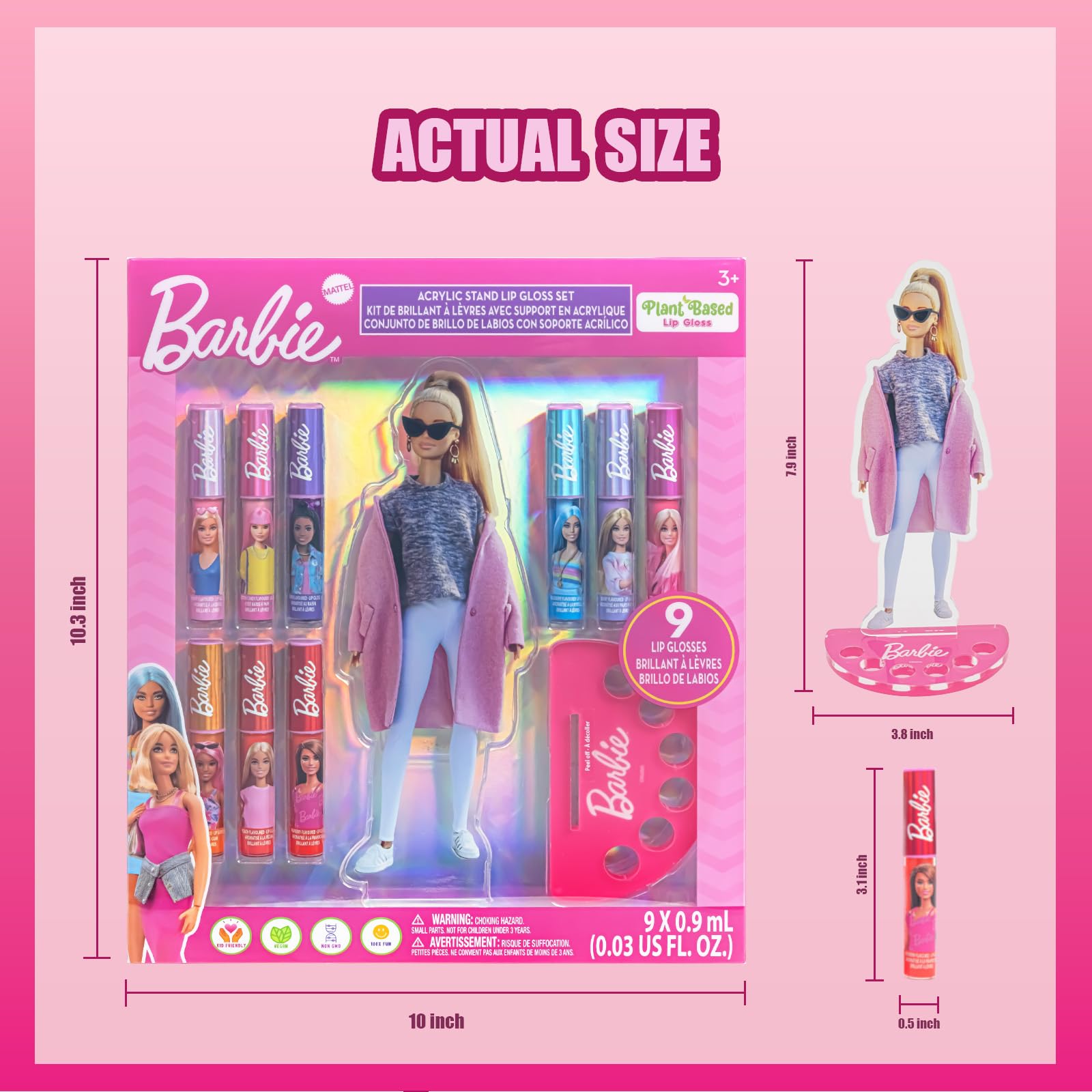 Barbie Lip Gloss with Acrylic Stand for Storage and Display, Plant Based Lip Gloss, Perfect for Parties, Sleepovers, Makeovers, Birthday Gift for Girls, Age 3+, by Townley Girl