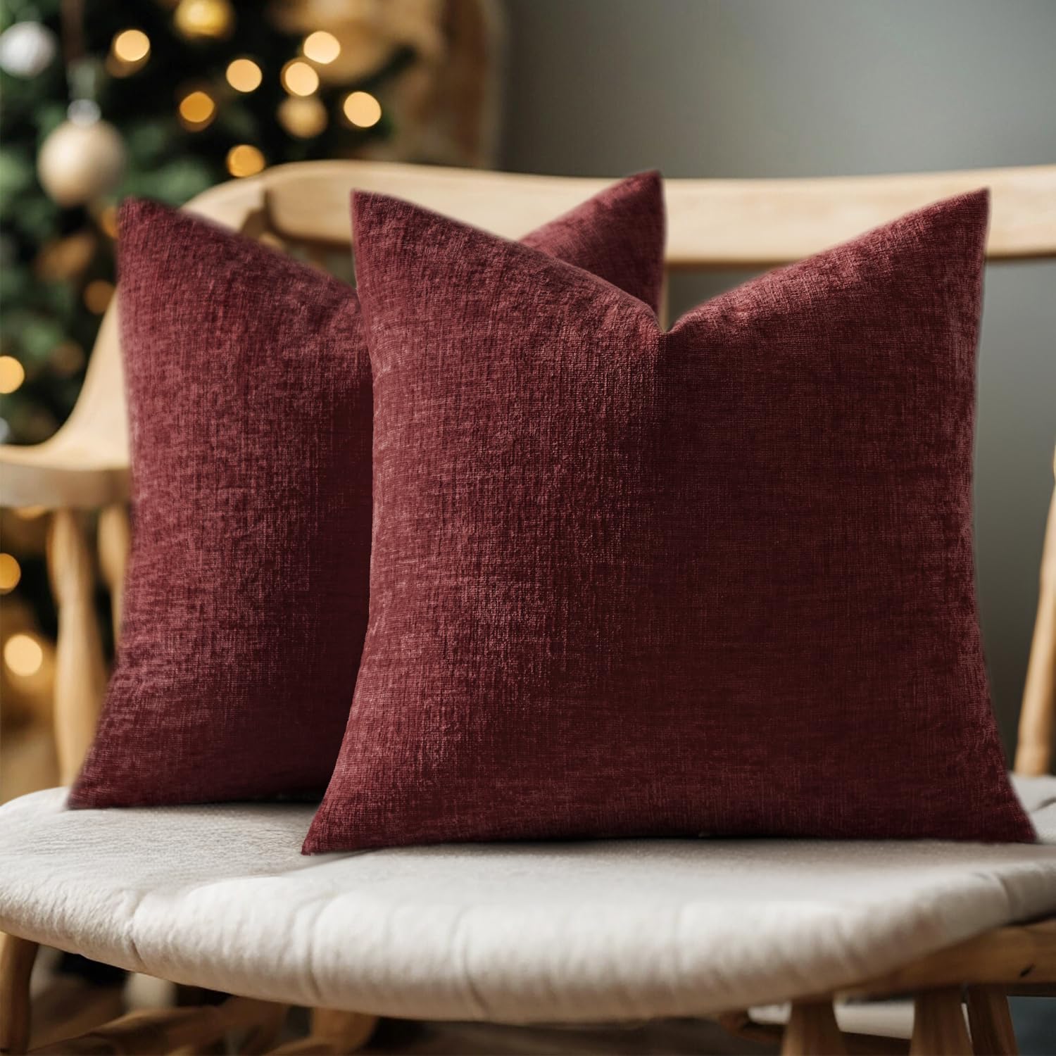 Photo 1 of Woaboy Pack of 2 Wine Red Pillow Covers 18x18 Inch Christmas Soft Chenille Couch Throw Pillows Solid Color Cushion Covers Home Decoration for Spring Sofa Living Room