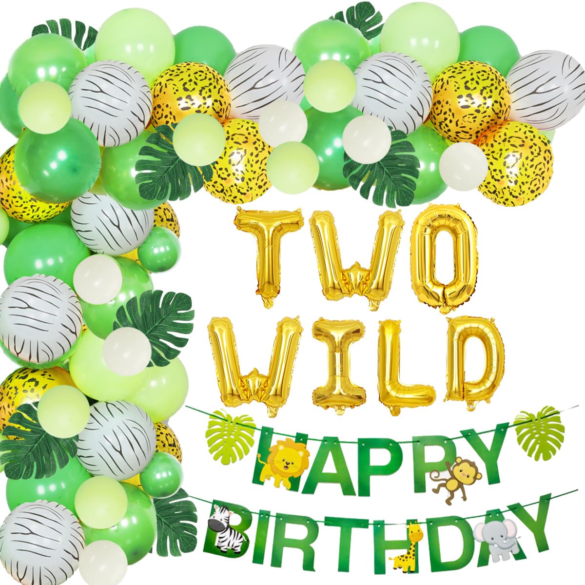 Jungle Birthday Party Decorations, Safari Balloons Garland Arch Kit, TWO WILD Balloons, Happy Birthday Banner for Jungle Theme 2nd Birthday Supplies