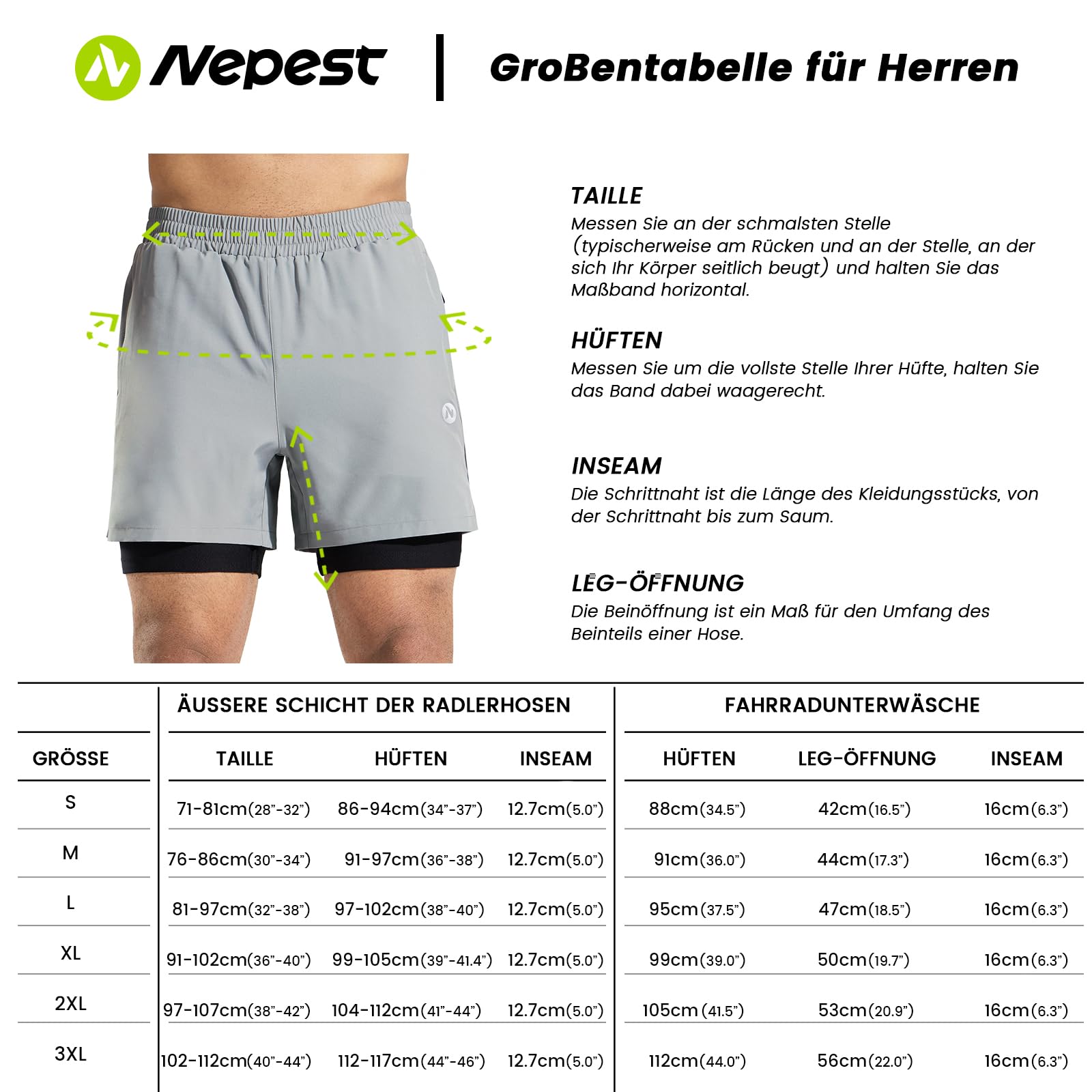 Nepest Mountainbike Hose Herren Kurz MTB Shorts Polster Radfahrerhose Herren Mit Tasche Fahrradhose Helles Grau,M 8