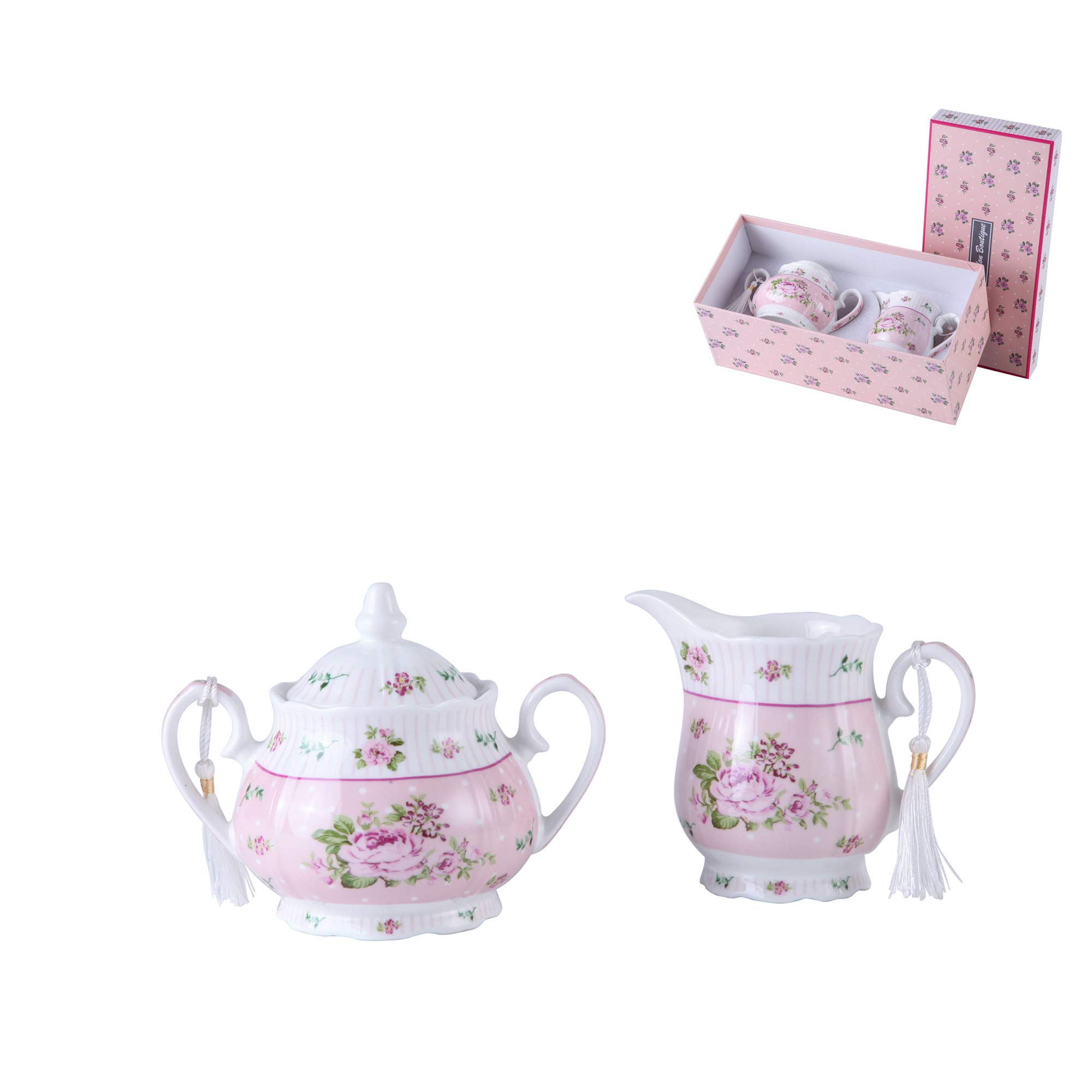 London Boutique Porcelain Teapot Sets Teapot Sugar Bowl and Cream Milk Jug Shabby Chic Vintage Floral in Gift box (Cream & Sugar Set Rose Pink)