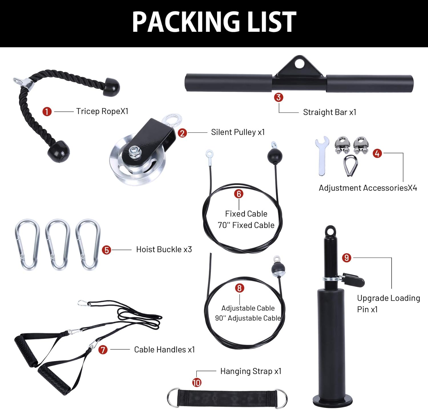 TIXTEM LAT Pull Down Machine Attachment Cable Pulley System Gym Tricep Rope Bar Workout,Biceps,Arm,Shoulders Exercise for Home Strength Training Fitness Equipment (3 Handles Pulley System): Sports & Outdoors
