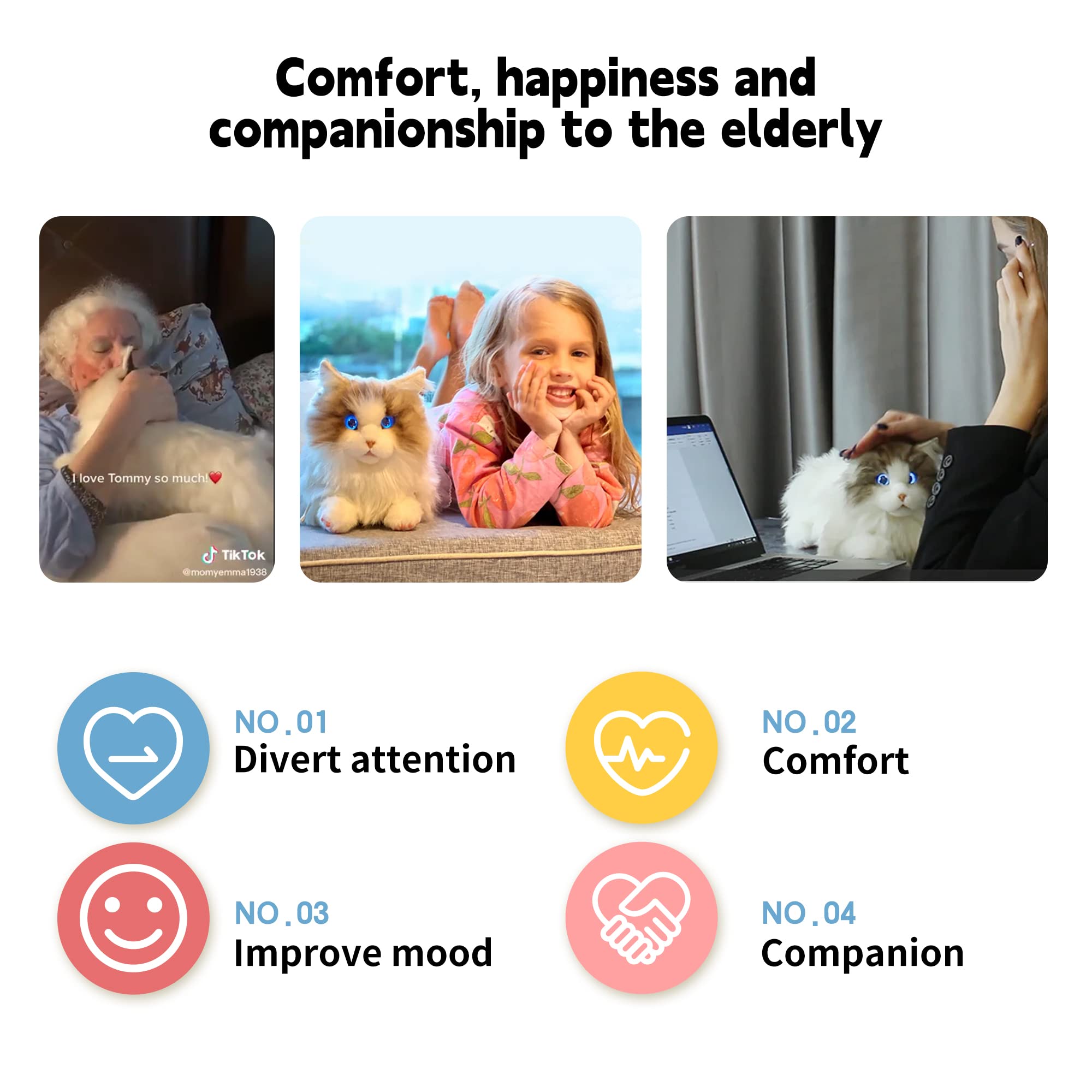 Chongker Interactive Companion Robot Pets Realistic Stuffed Animals Cat Plush Voice Heartbeat and Purring,Gifts for Parents (Metacat)