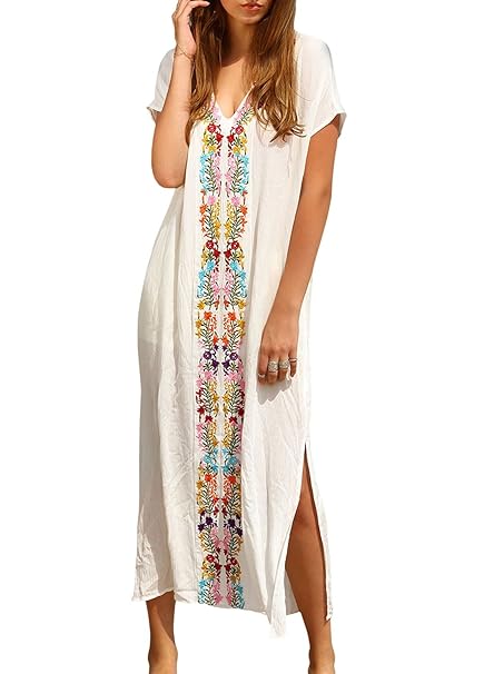 Womens Colorful Cotton Embroidered Turkish Kaftans Beachwear Bikini Cover Up Dress