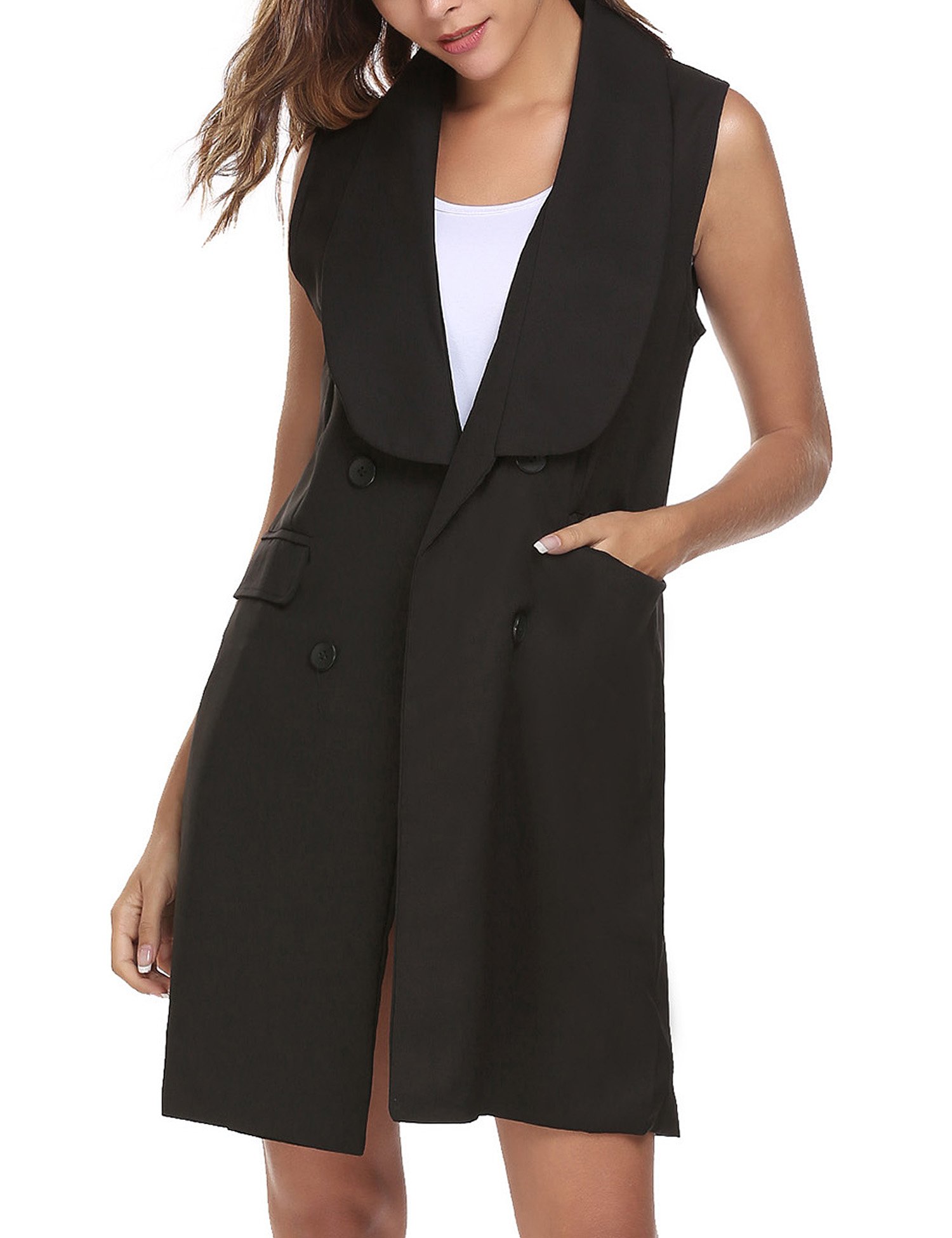 Zeagoo Women Casual Sleeveless Solid Vest Trench Coat With Pockets Long Suit Coat Waistcoat Black/L