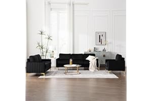 DEOLME 3 Piece Sofa Set Living Room Furniture Sets, Comfy Sofa and Loveseat and Chair, Velvet Tufted 3 Seater Couch Sets for Bedroom Office juegos de muebles de sala Modern Soft Cushioned& Golden Leg (Black)