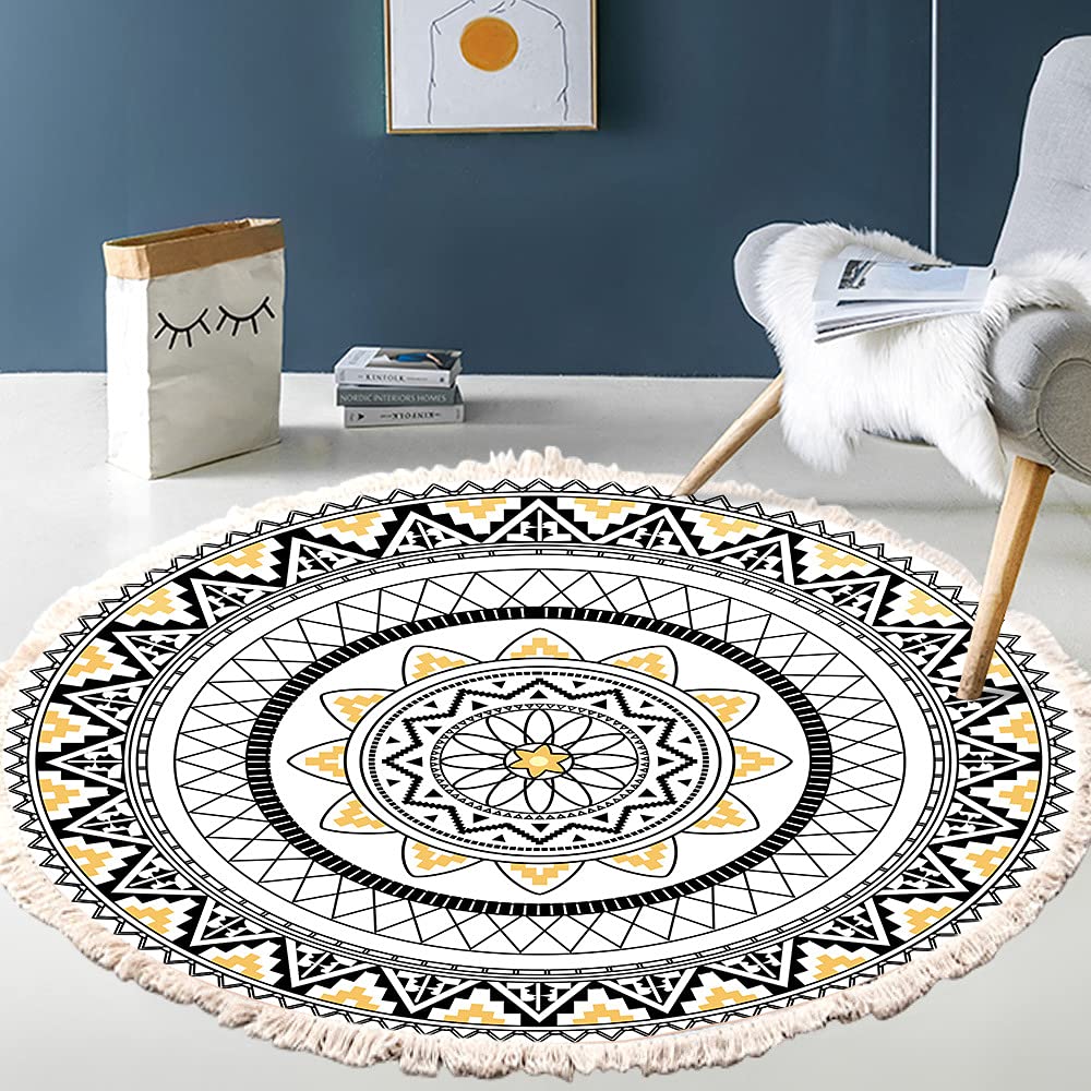 Vintage Boho Cotton Rugs, Mandala Pattern, Washable Hand Woven Bohemian Round Rug with Tassels for Bedroom, Hallway, Living Room, Coffee Table, Doormats, Machine Washable, 80 cm, Flowers #11