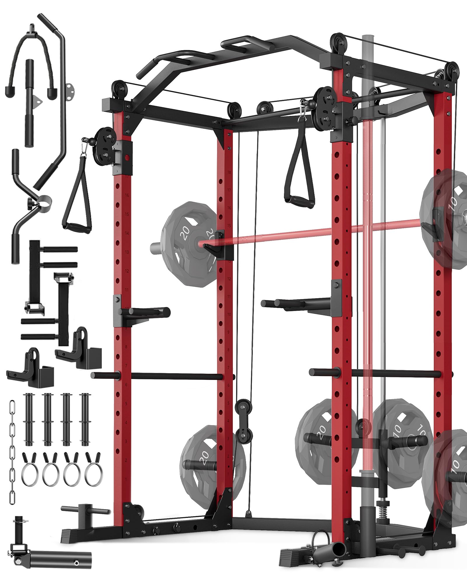 Photo 1 of **SELLING FOR PARTS AS PARTIAL SET. BOX TWO OF TWO**GarveeLife Power Cage, Multi-Functional Power Racks for Home Gym with Cable Crossover System, 1600 LBS Weight Capacity Fitness Squat Rack for Strength Workout with More Training Attachment, Red