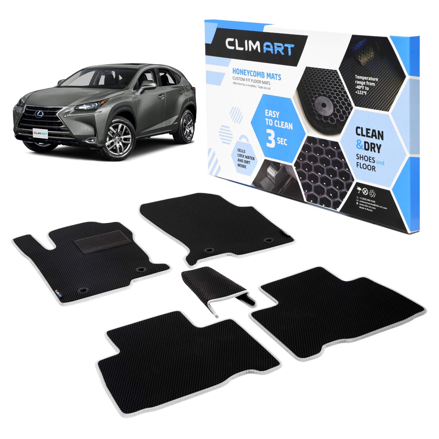 CLIM ART WaterTrap Custom Fit Floor Mats for Lexus NX 2015-2021, 1st & 2nd Row, Car Mats Floor Liner, All-Weather, Car Accessories for Man & Woman, Tapetes para Autos, Black/Silver - FL041515060