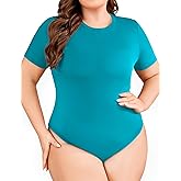 FOREYOND Plus Size Bodysuits for Women Short Sleeve Scoop Neck Bodysuit One Piece Body Suit Tops