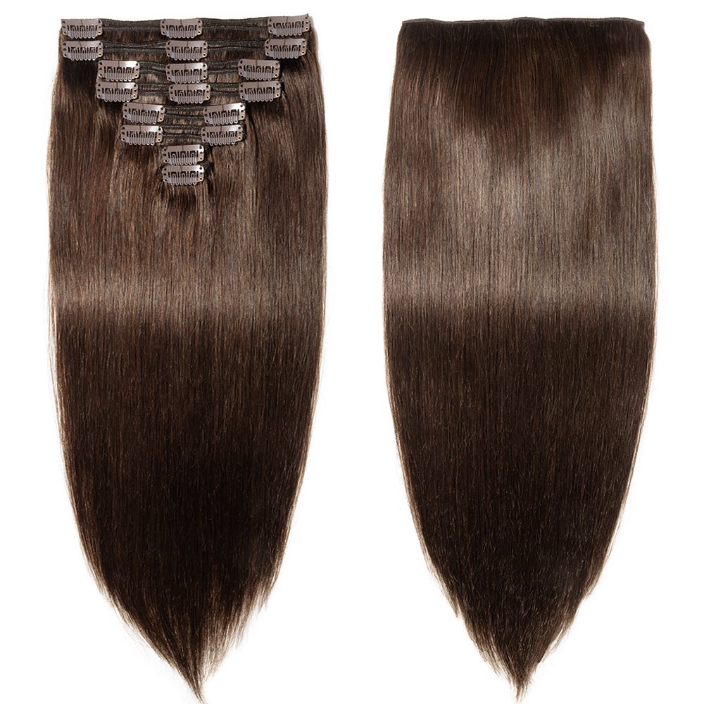 Echthaar Clip in Extensions Remy Haarverlängerung für komplette Haare 8 Tressen Doppelt Dicke 55cm 160g 2 Dunkelbraun Amazon Beauty