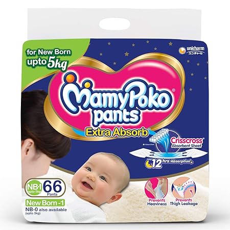 MamyPoko Pants Extra Absorb Diapers, New Born (66 Count)