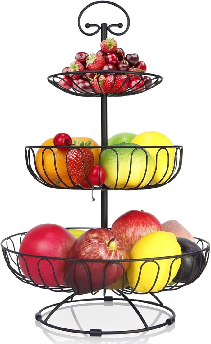karadrova 3 Tier Fruit Basket Metal Black Tiered Fruit Bowls Iron Wire