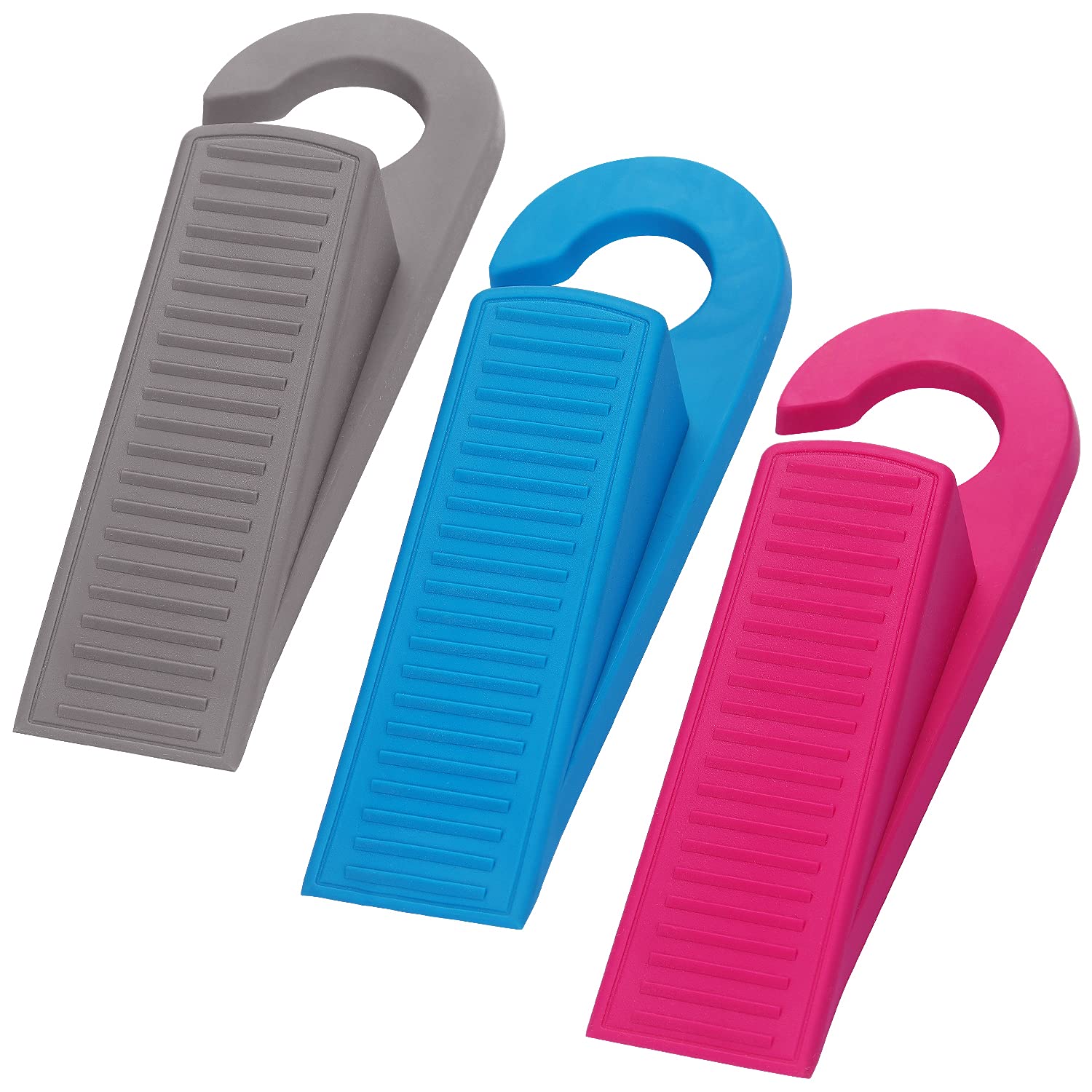Photo 1 of 3 Pack Rubber Hook Type Door Stoppers 1 Inch Thick Door Stop Works on All Floor Surfaces, Control The Size of The Door Gaps and Prevent The Lock-Outs (Gray/Blue/Rose)