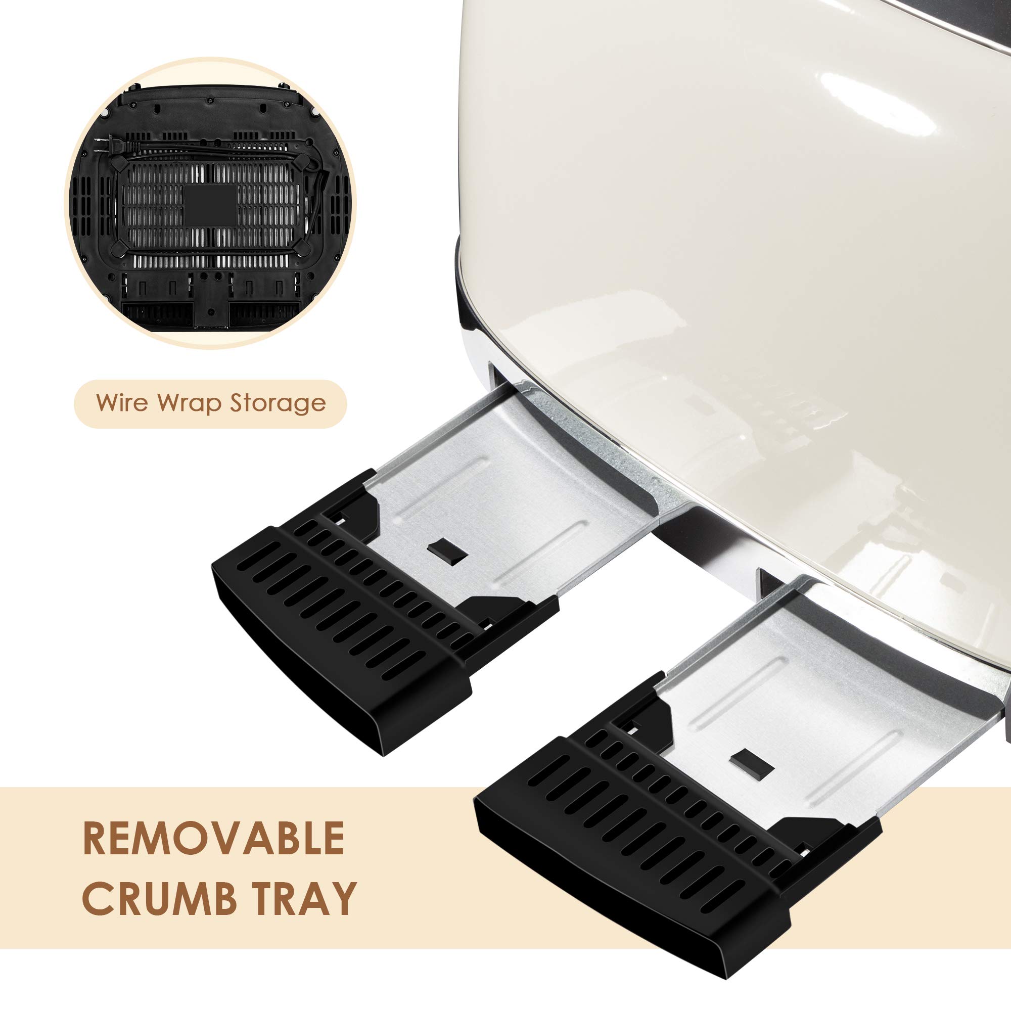 Tostadora de 4 rebanadas Roter Mond Retro de acero inoxidable con función de cancelación de descongelación de bagel, 6 configuraciones de dorado, ranura extra ancha y bandeja recogemigas extraíble, crema, ST033