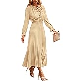 PRETTYGARDEN Women's 2026 Spring Fall Midi Dress Casual Long Sleeve V Neck Swiss Dot Pleated A Line Flowy Dresses