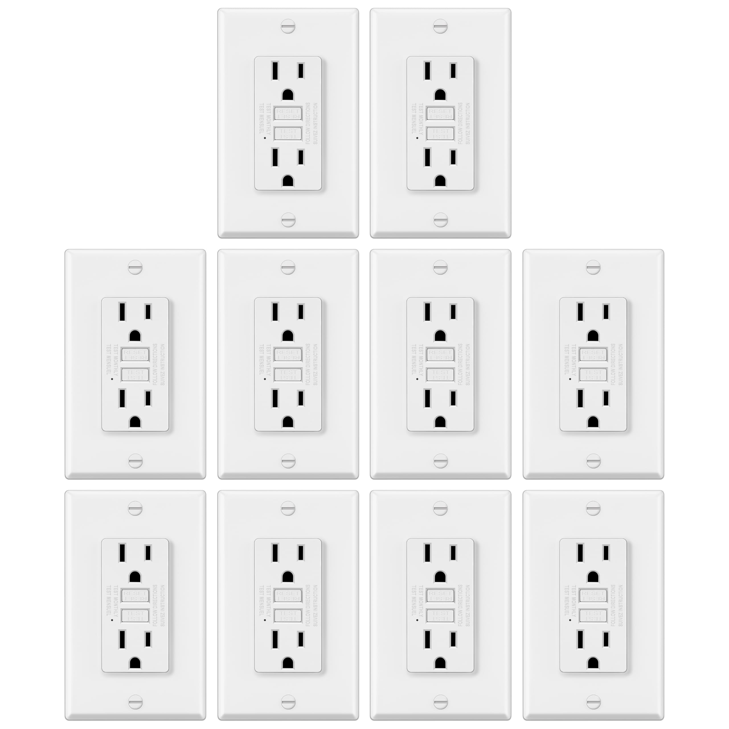 Kingsale 10-Pack 15A GFCI Outlets - Tamper Resistant TR, White W/ Covers - ETL Listed