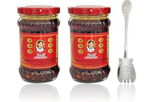 Lao Gan Ma Spicy Chili Crisp Sauce 老干媽香辣脆油辣椒 | Roasted Sichuan Pepper Flakes in Hot Chile Oil - Chinese Condiment Topping | 7.41oz 210g (2 jars) + 1 Cute Pig Tail Spoon Spork by Twin Fortune Foods