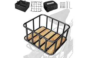 RAYMACE Bike Basket Rear, Bamboo Base Bicycle Basket with Rainproof Cover, Liner & Cargo Net, Large Capacity Rear Bike Rack Baskets Fits Most Bikes & E-Bike