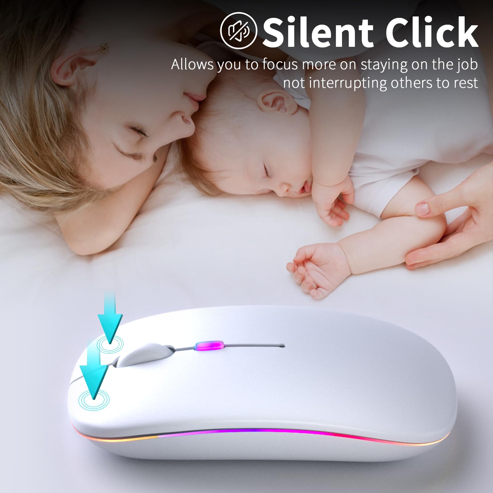 KANMABPC Wireless Bluetooth Mouse – Rechargeable, Silent, Dual Mode (Bluetooth 5.2 & USB) with LED Lights – Portable for Laptop, Desktop, & Tablet(White)