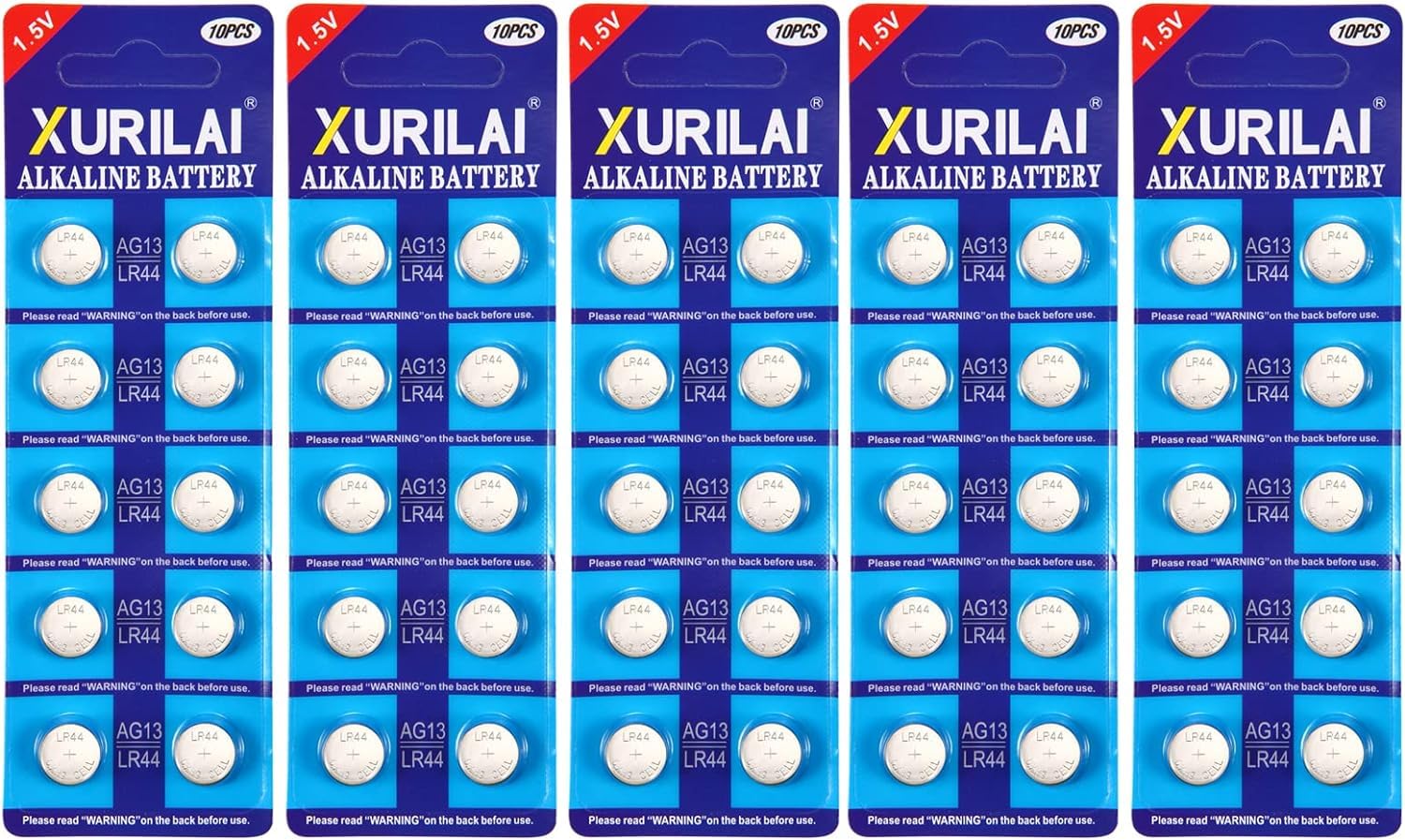XURILAI AG13 Alkaline 1.5V Button Coin Cell Batteries LR44 Battery UK, Long Lasting Power, Mercury-Free for Small Electronics, Watch, Calculators, Toys(50pcs)