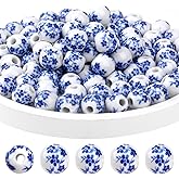 100PCS 8mm Ceramic Beads Blue Flower Printed Beads Handmade Round Loose Porcelain Craft Beading for DIY Jewelry Arts Crafts Necklace Bangle