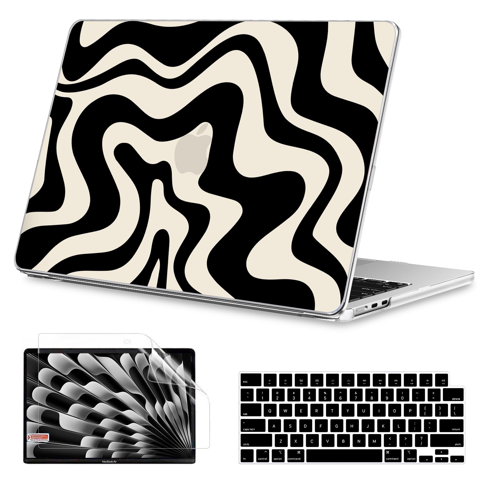 Photo 1 of B BELK Compatible with MacBook Air 15 inch Case 2025 2024 2023 Release M4 M3 M2 A3241 A3114 A2941, Wavy Pattern Sturdy Protective Plastic Hard Shell Case+Keyboard Cover+Screen Protector, Black Wave