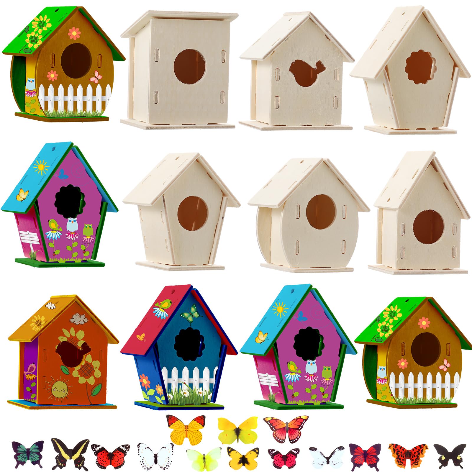 Photo 1 of **ONLY 36 BIRDHOUSES/MISSING STICKERS ALSO***Sawysine 107 Pcs DIY Birdhouse Kits for Kids Ages 5-8 8-12, 48 Wooden Bird House Kits in 6 Shapes and 57 Butterfly Sticker for Children Spring Craft Activity Art DIY Project(Cute Style)
