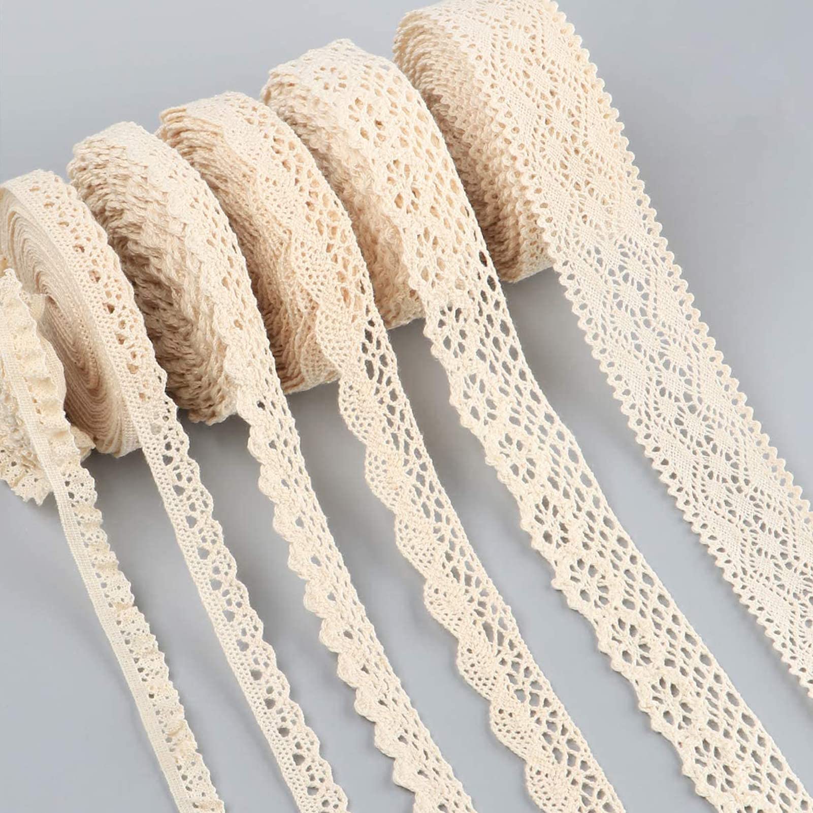 Carehabi - Retro Beige Cotton Lace Ribbon, 6 Rolls of 5M Each, Perfect for Wedding Decoration, Gift Wrapping & DIY Crafts