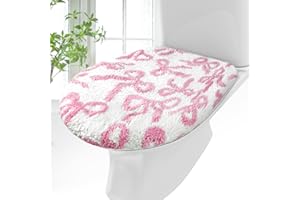 SmoothNovelty Rose Pink Bow Toilet Lid Cover Washable Coquette Cute Plush Toilet Cover for Bathroom Decor Soft Microfiber 17.5 x 15 Inch Non Slip Rubber Backing Fits Most Round, Elongated