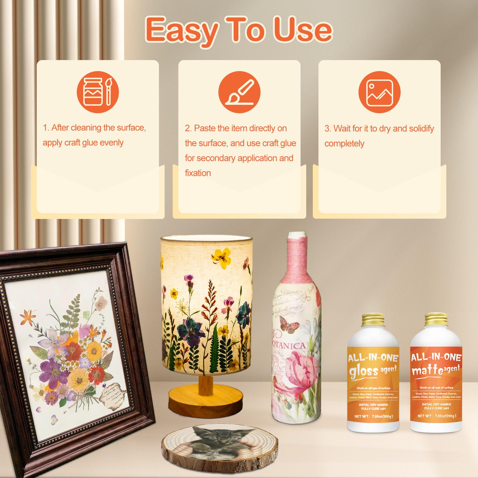 1DFAUL 200 ml Bastelkleber mit Glanzfinish, Lack und Versiegelung in einem, schnelltrocknend, kratz- und abriebfest, wasserfest, für Holz, Papier, Ton, Stoff und mehr. 6