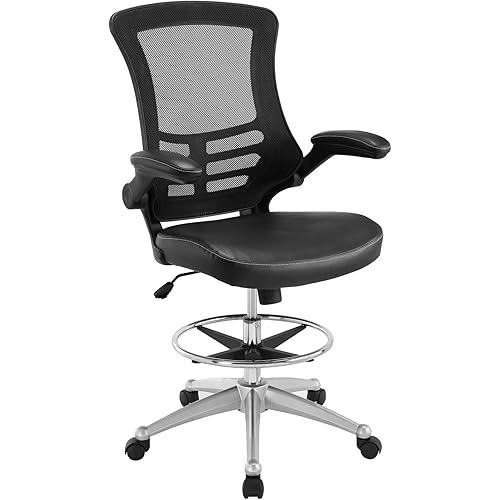 Modway Attainment Vinyl Drafting Chair - Drafting Stool With Flip-Up Arm in Black