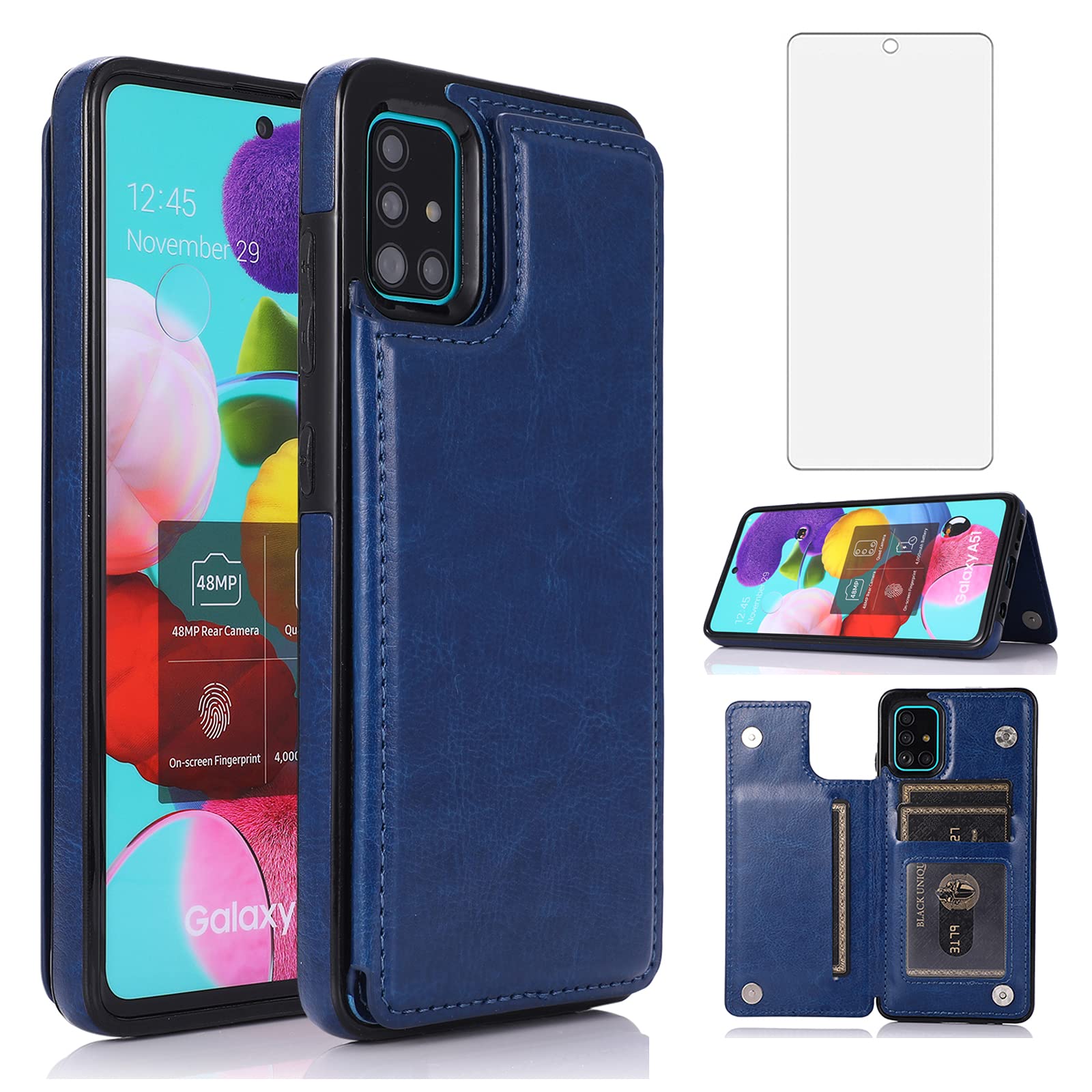 Asuwish Compatible with Samsung Galaxy A51 4G Wallet Case and Tempered Glass Screen Protector Card Holder Cover Stand Flip Cell Phone Cases for Glaxay A 51 Gaxaly M40S 51A A515F S51 Women Men Blue