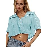 Womens Summer Boho Lace Half Sleeve Beach Tops Button Down V-Neck Chiffon Ruffle Trim Blouse Shirts Y2k Clothes