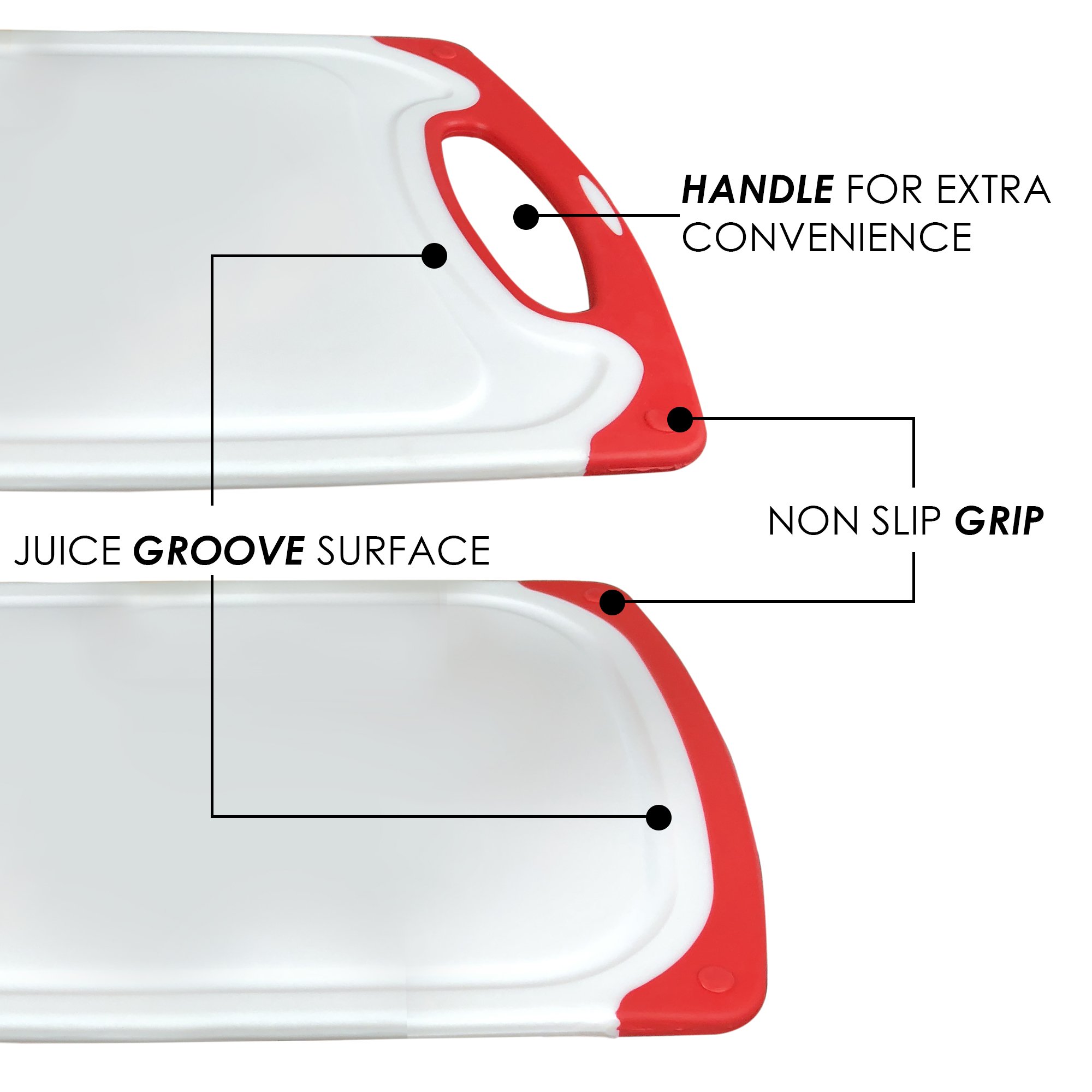 Raj Non-Slip Antibacterial Plastic Cutting Board, Deep Juice Groove, Dishwasher Safe, BPA Free, FDA Approved White and green (3 Pieces, White board with Red Ends)