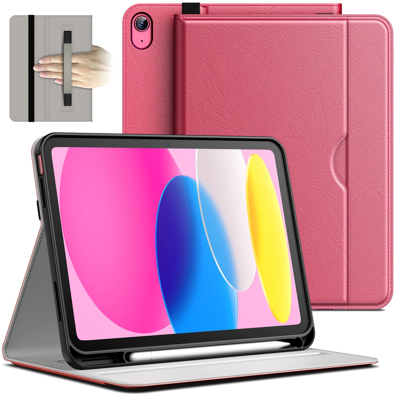 JETech Case for iPad (A16) 11th/10th Generation (2025/2022), PU Leather Business Folio Protective Tablet Cover with Pencil Holder & Pocket, Multi-Angle Viewing (Pink)