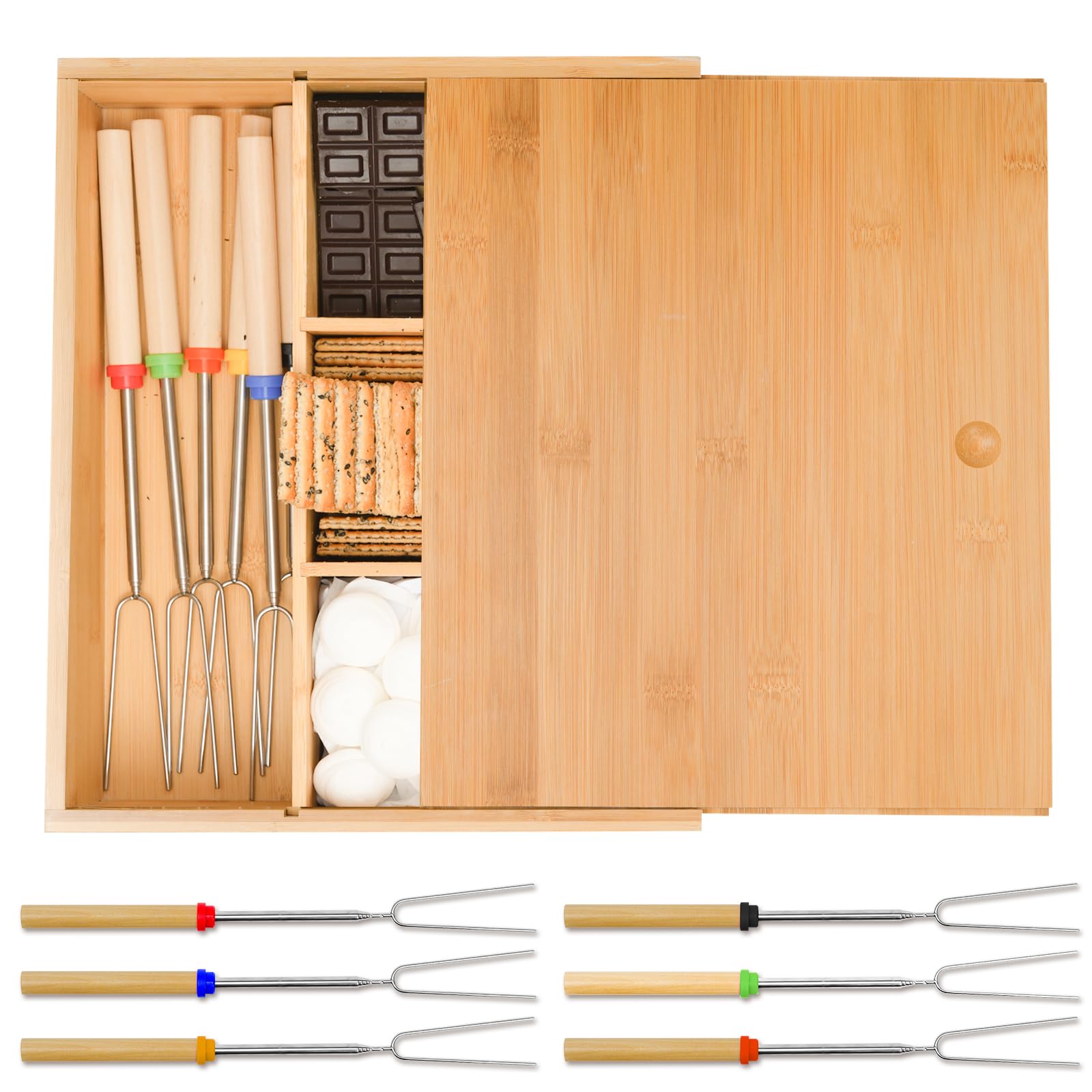 Photo 1 of Smores Kits,Bamboo Smores Box with a Lid,Smores Caddy with 6Pcs Extendable Marshmallow Roasting Sticks,Exquisite Smores Kit for Fire Pit Outdoor - Perfect for Outdoor Parties, Entertaining, Camping