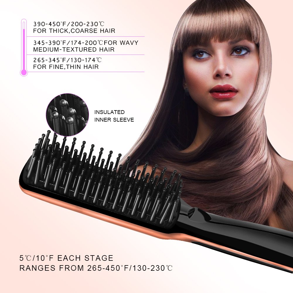 Hair Straightener Brush,YALUYA Ceramic Irons Straightener Brush Detangling and Silky Frizz-free Electric Comb,Amber Gold / Black