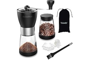 KitchenPROP Manual Coffee Grinder 14Pcs Set with 2 5.5 Oz Glass Jars, Adjustable Ceramic Burr Coffee Grinder, Cleaning Brush,