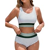 Dipinon Women's High Waisted Bikini Sets Two Piece Swimsuit Color Block Sporty Athletic Moderate Coverage Bathing Suits