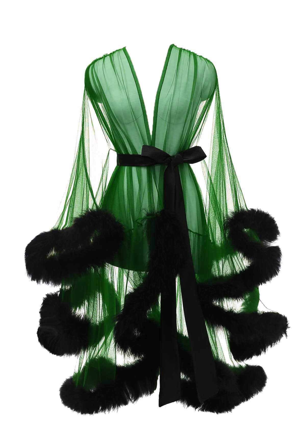 Tulle Feather Bridal Robe Sexy Sheer Mesh Short Old