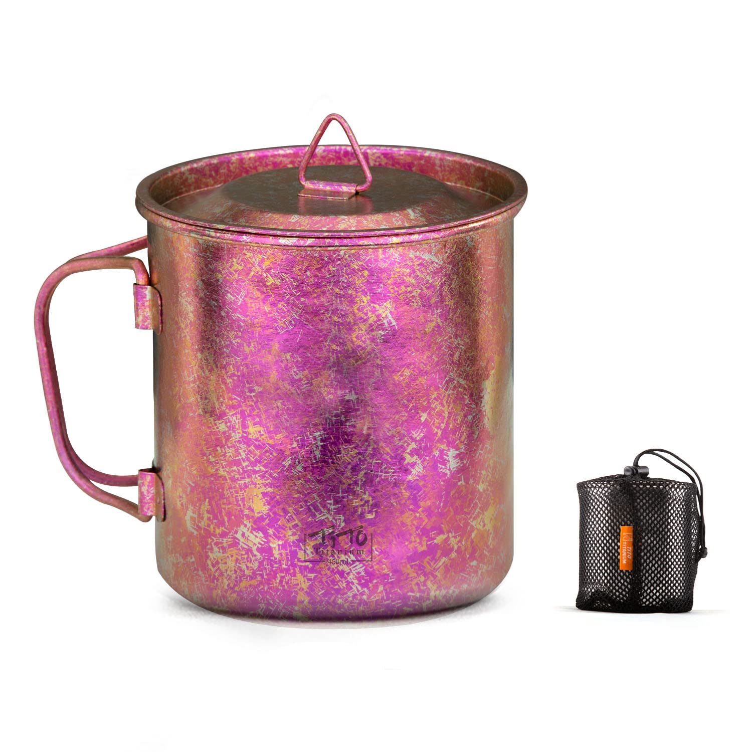 TiTo Titanium Cup Camping Tea Coffee Water Mug Ultralight Portable Cookware 450ml Foldable Handle Titanium Pot with Lid for Outdoor Backpacking Hiking Picnic Drinkware Open Fire (Rose Red)