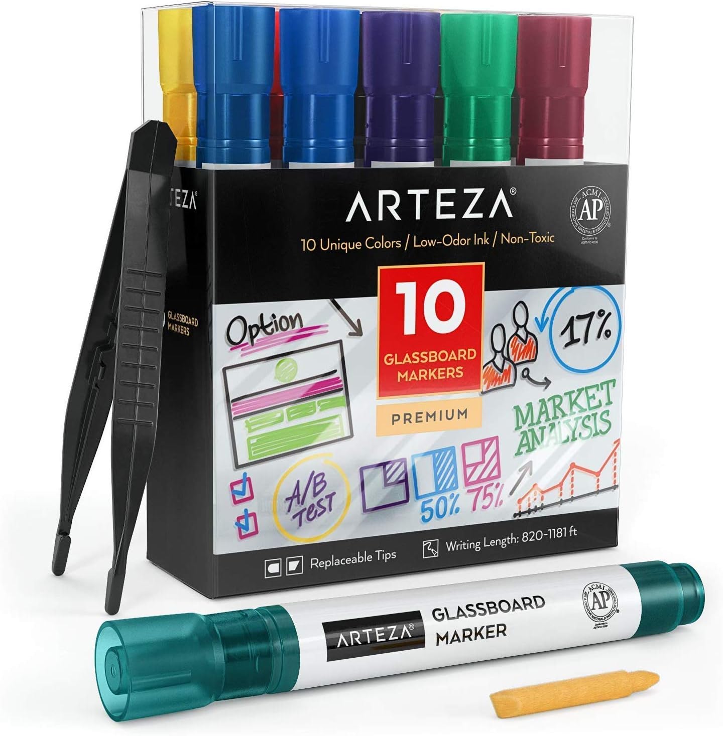 Arteza Whiteboard Pens, 10 Unique Colours, Erasable Glass Pens, Low
